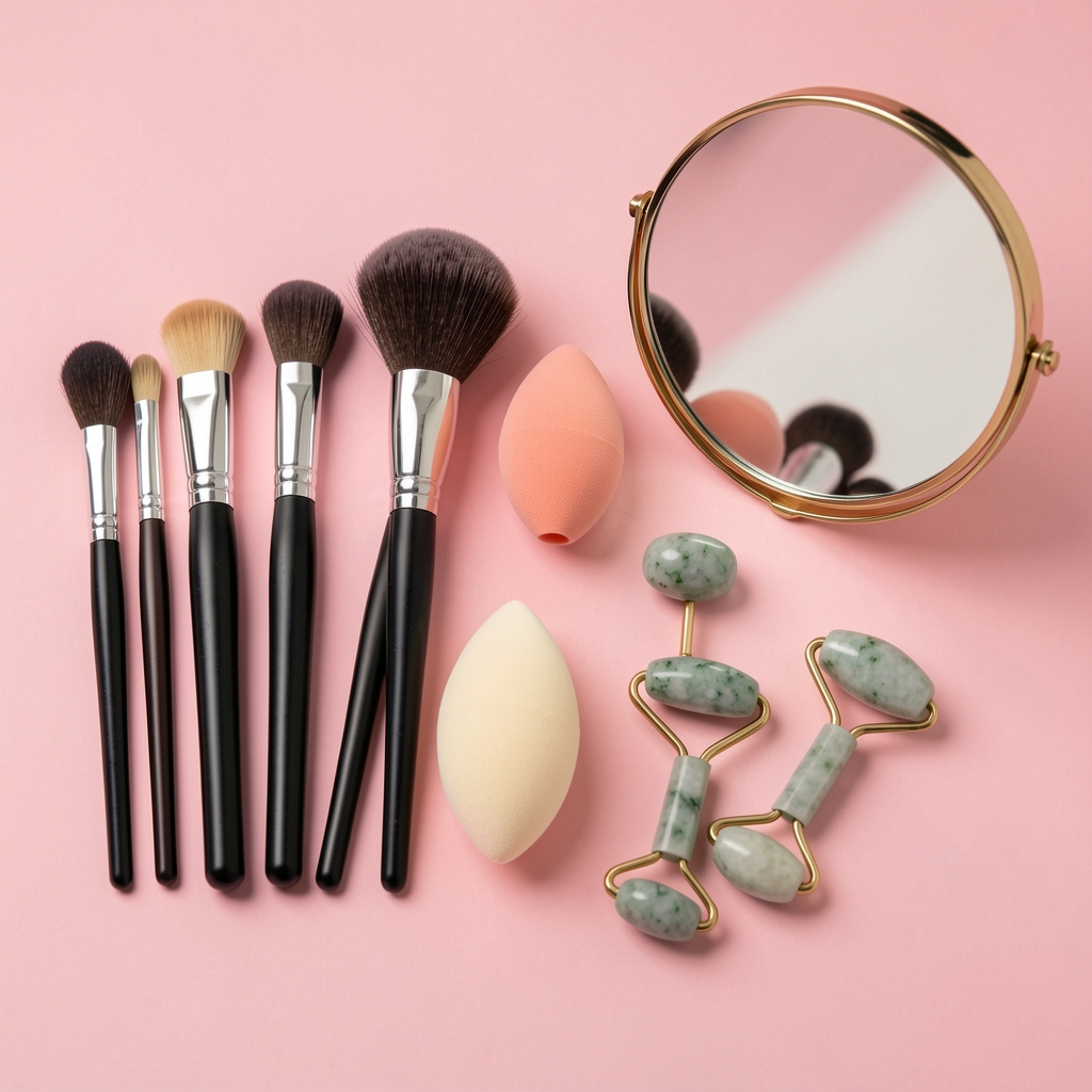 Güzellik aksesuarları koleksiyonu — makyaj fırçaları, beauty blender sünger, jade roller ve makyaj aynası pembe zemin üzerinde düzenli sergileme
