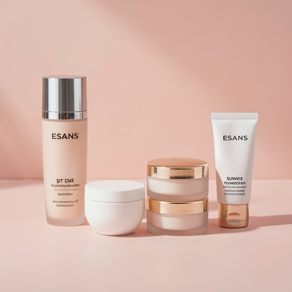K-beauty Kore güzellik ürünleri koleksiyonu: esans, şit maske, cushion fondöten ve snail krem pastel arka planda