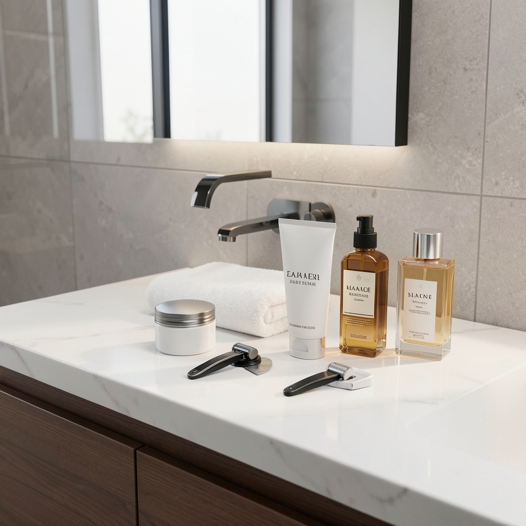 Modern erkek banyo tezgahında tıraş bakım seti düzenlenmiş: jilet, tıraş kremi, yüz losyonu ve parfüm