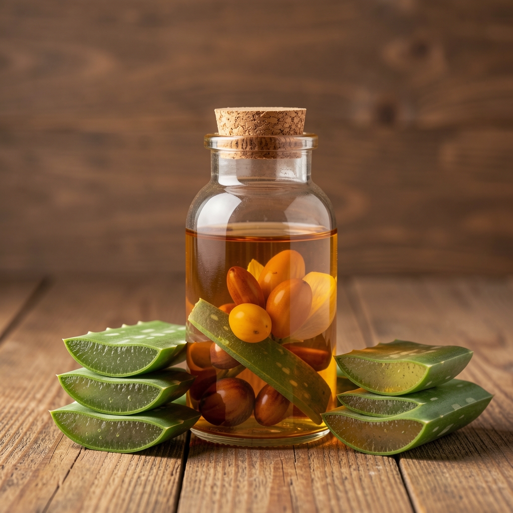 Doğal kozmetik içerikleri: taze aloe vera yaprağı, bal, gül yağı ve argan yağı şişesi ahşap arka planda düzenlenmiş