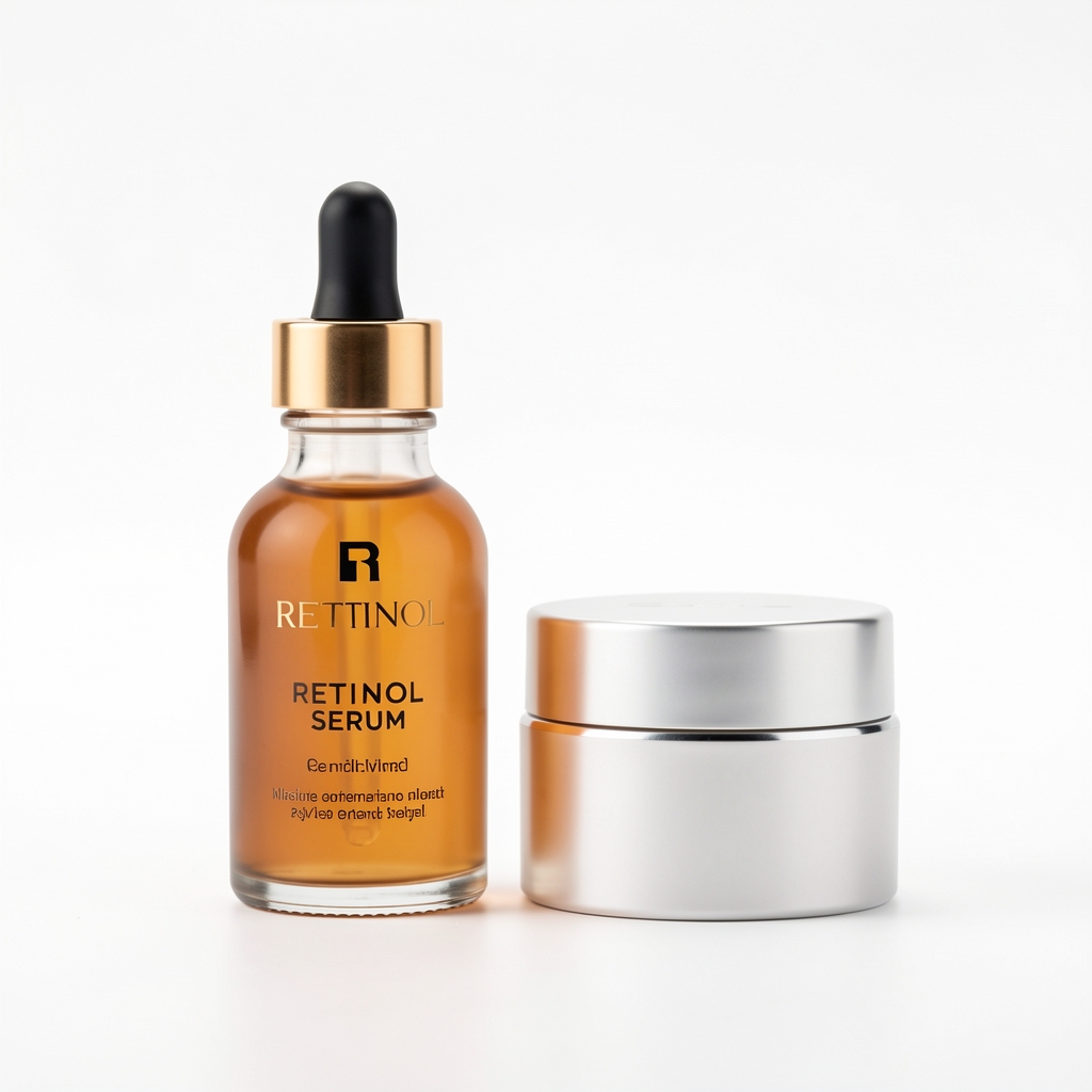 Retinol serum şişesi ve retinoid krem ürünleri yan yana minimalist beyaz arka planda kozmetik düzenlemesi