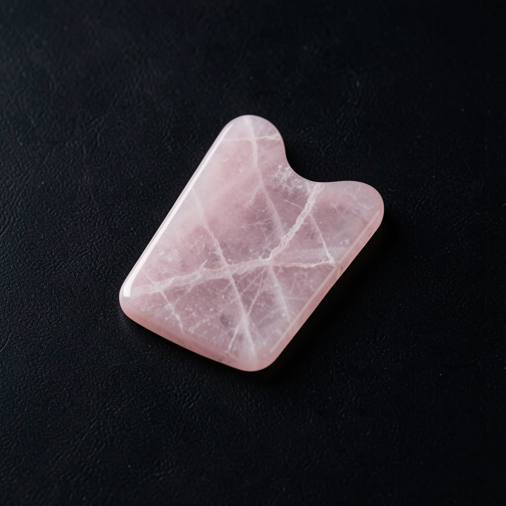 Pembe rose quartz gua sha taşı, düz yüzeyli scraper şeklinde yüz lenfatik drenaj aracı siyah üzerine sergileme