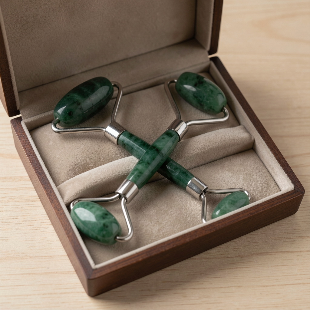 Yeşil jadeite taşından yapılmış yüz masajı jade roller, gümüş metal çerçeveli çift uçlu yüz ve boyun masaj aleti kutu içinde