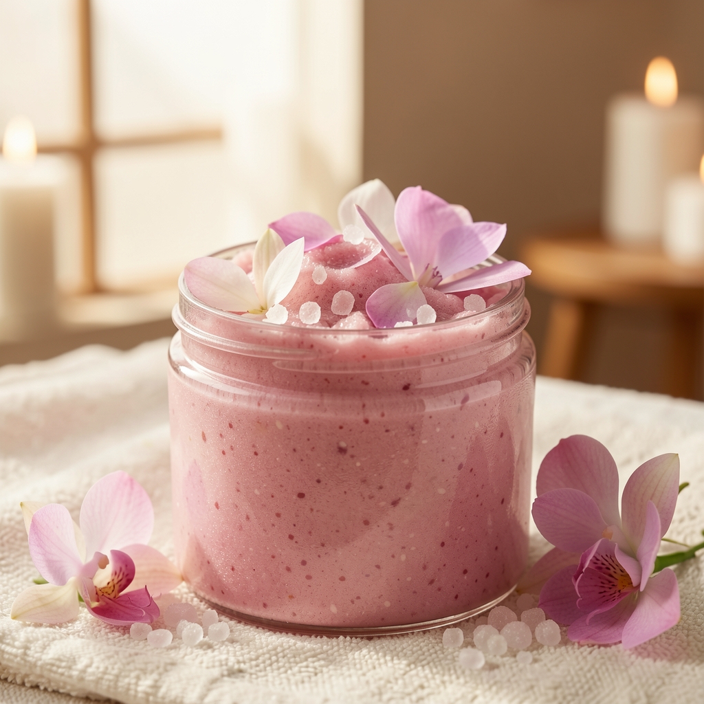 Kavanozda şeker ve gül yaprağı karışımlı pembe vücut peeling scrub ürünü yakın çekim spa ortamı